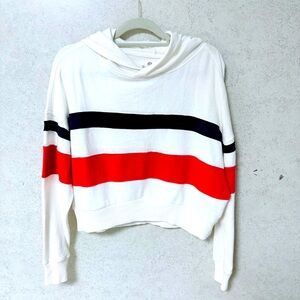 SO LOUNGE LIFE XS WOMENS CROPPED OVERSIZED HOODIE WHITE RED BLUE BOXY SWEATSHIRT